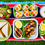 A vibrant and appetizing spread of Thai-inspired picnic food, featuring grilled herb chicken, colorful salad rolls filled with fresh vegetables, decorated boiled eggs with avocado slices, and whole wheat sandwiches, along with a selection of seasonal tropical fruits, arranged on a checkered picnic blanket in a lush green park setting.