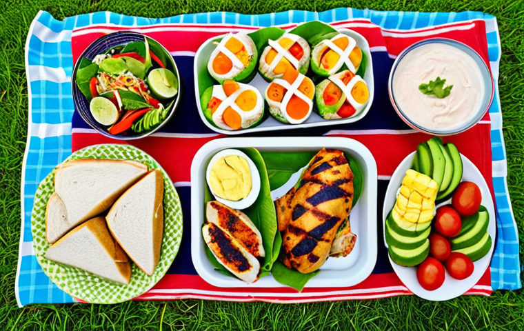 A vibrant and appetizing spread of Thai-inspired picnic food, featuring grilled herb chicken, colorful salad rolls filled with fresh vegetables, decorated boiled eggs with avocado slices, and whole wheat sandwiches, along with a selection of seasonal tropical fruits, arranged on a checkered picnic blanket in a lush green park setting.